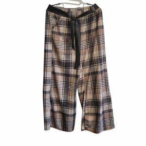 Eternelle Italy Plaid Pant Black Brown Tie Waist Wide Leg Earthy